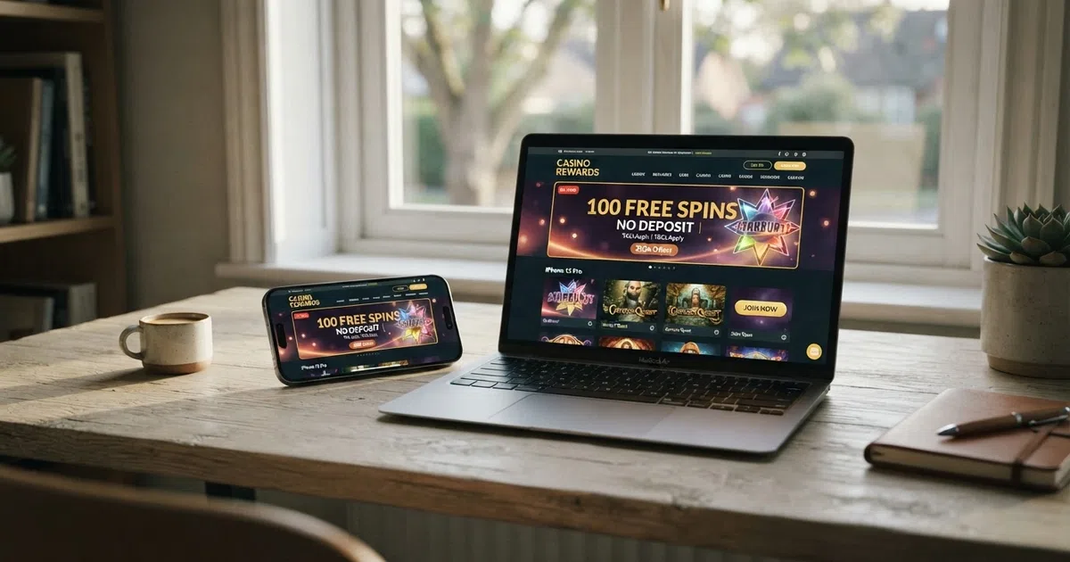 A desktop and mobile screen showing a UK online casino lobby with a “100 Free Spins” promotional banner, slot-game thumbnails, and a sign-up button