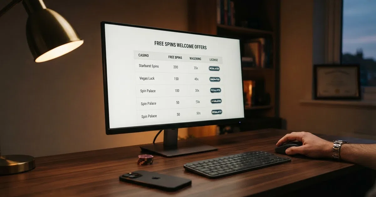 A desktop screen showing a side-by-side comparison table of UK casino free-spin welcome offers with licence badges and wagering columns