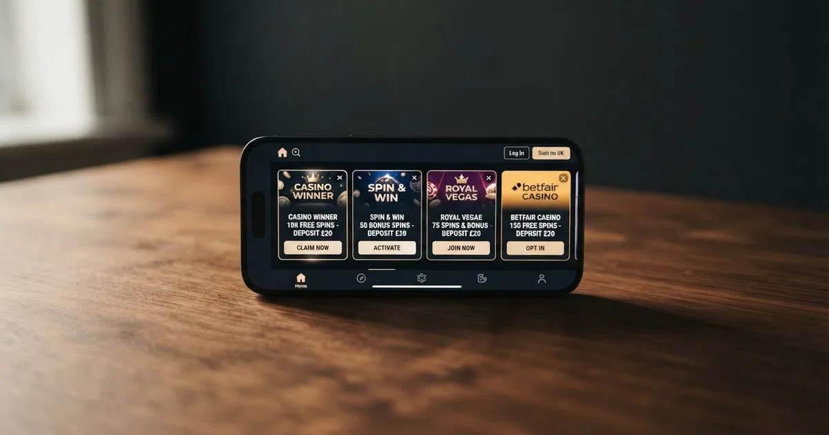 A row of UK online casino welcome-offer cards on a smartphone screen, showing free-spin counts and “deposit £20” callouts against a dark background
