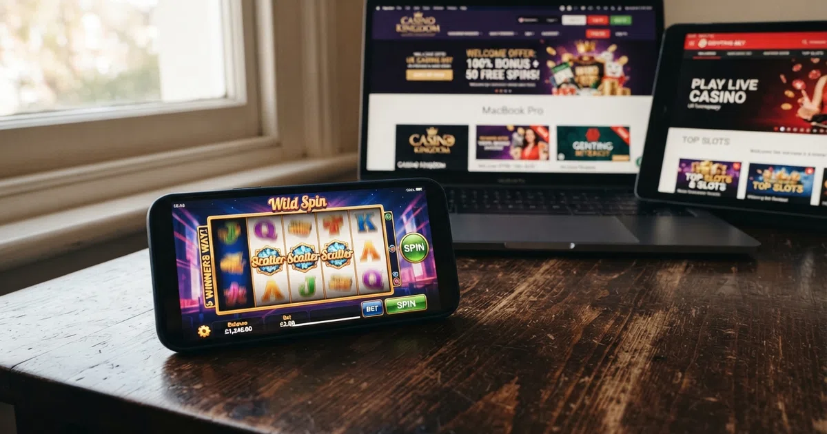 A grid of UK online casino homepages displaying free-spin welcome offers on desktop and mobile screens, with a smartphone in the foreground showing a slot game reel.