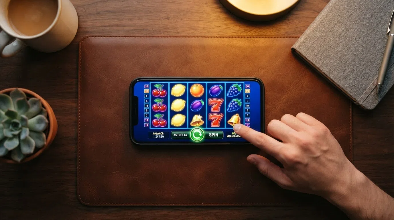 A smartphone held in landscape orientation displaying an Amatic slot game with touch spin button and paytable controls visible on screen