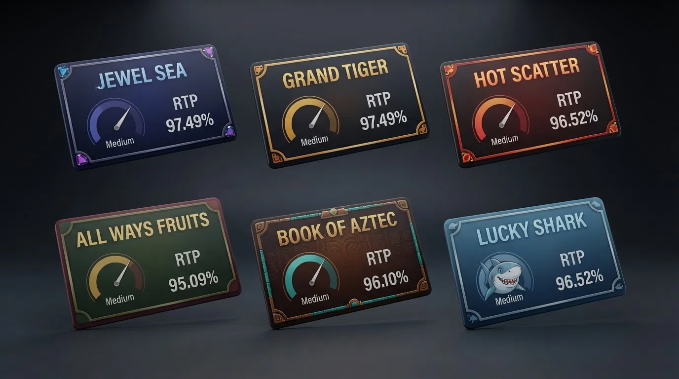 Six Amatic slot game cards arranged in a comparison layout, each displaying its title, RTP percentage and a volatility gauge
