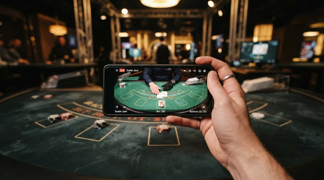 Android phone screen showing a live-dealer blackjack table with a real dealer dealing cards, streamed in real time to the mobile device