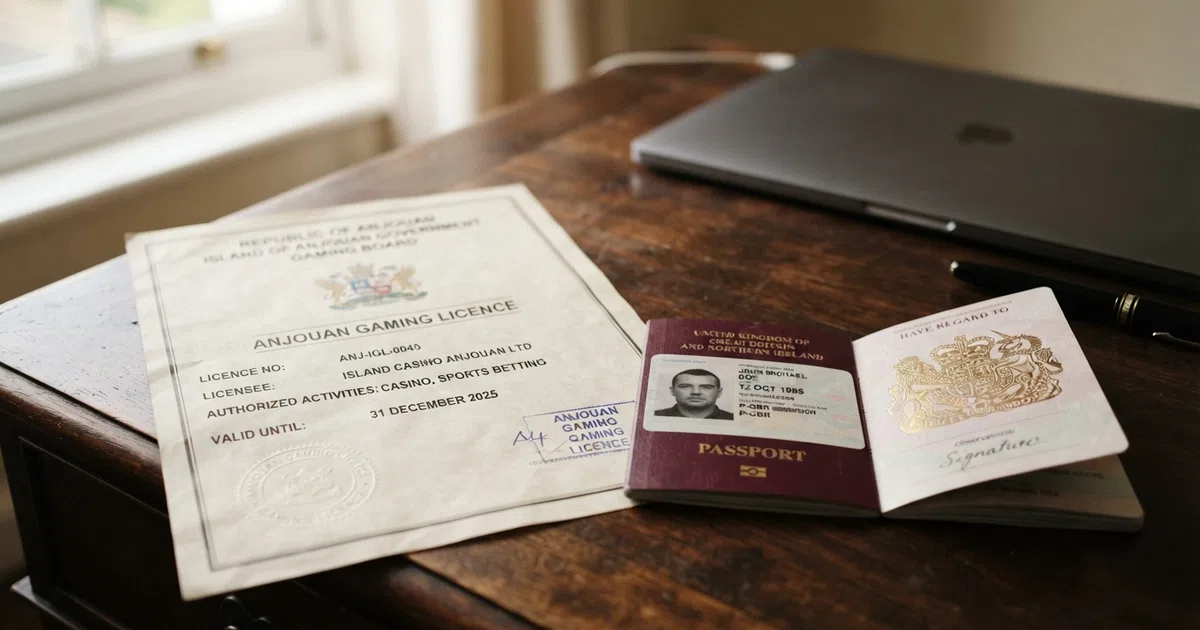 Anjouan casino licence certificate beside a UK passport on a desk