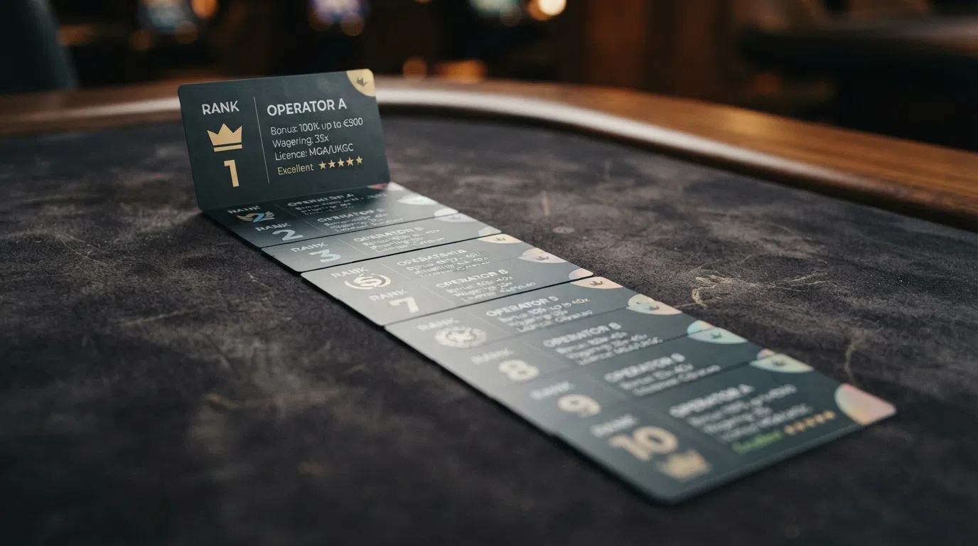 Ten casino-branded cards arranged in a ranked comparison layout on a dark background