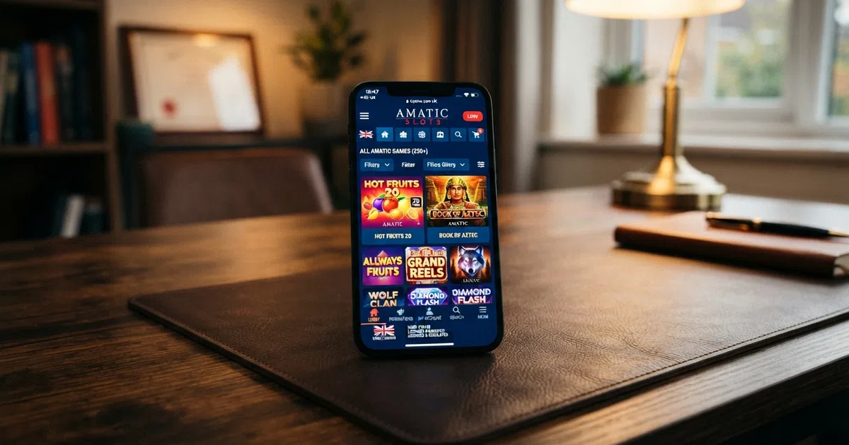 A grid of Amatic slot game tiles displayed on a UK online casino lobby screen, with Book of Aztec and All Ways Hot Fruits thumbnails visible among the selection
