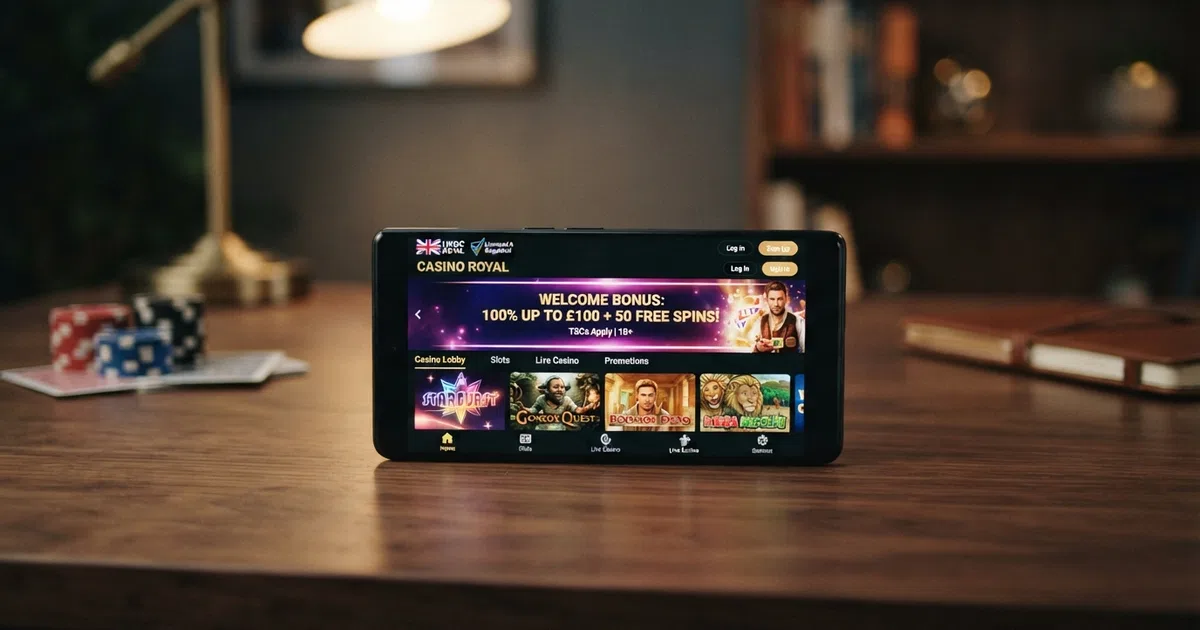 Android smartphone displaying a UK-licensed casino game lobby with slot thumbnails and a welcome-offer banner on screen
