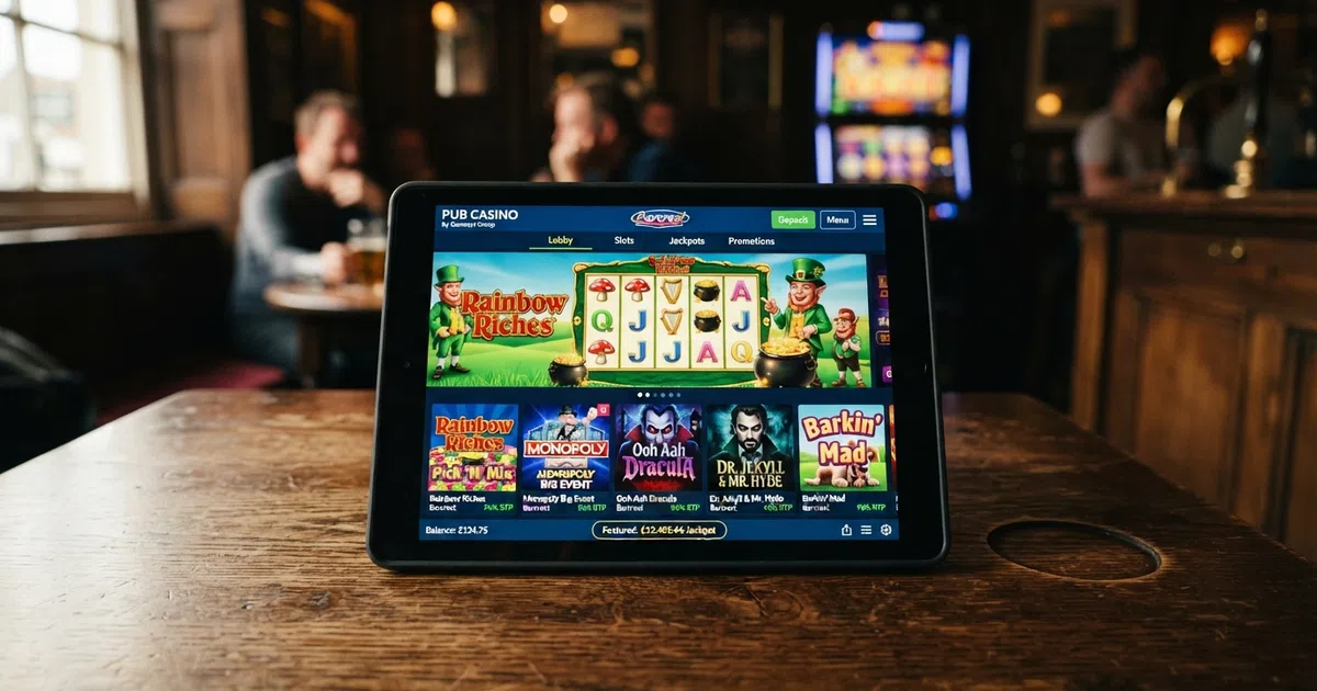 Rainbow Riches and fruit-machine slot thumbnails inside an online casino lobby