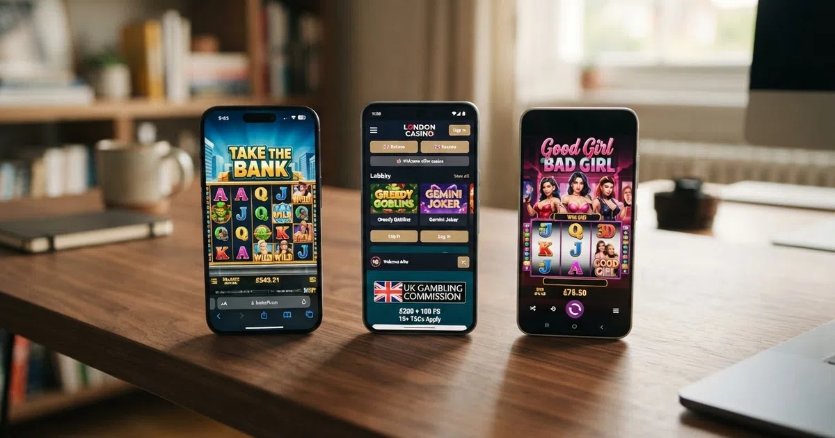 Three smartphone screens showing a Betsoft slot grid, a casino lobby and a UKGC licence badge side by side