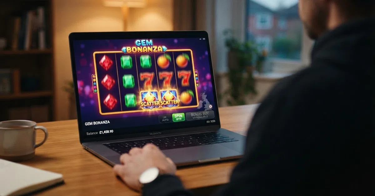 A colourful online slot game grid with a greyed-out bonus buy button overlaid with a UK map silhouette