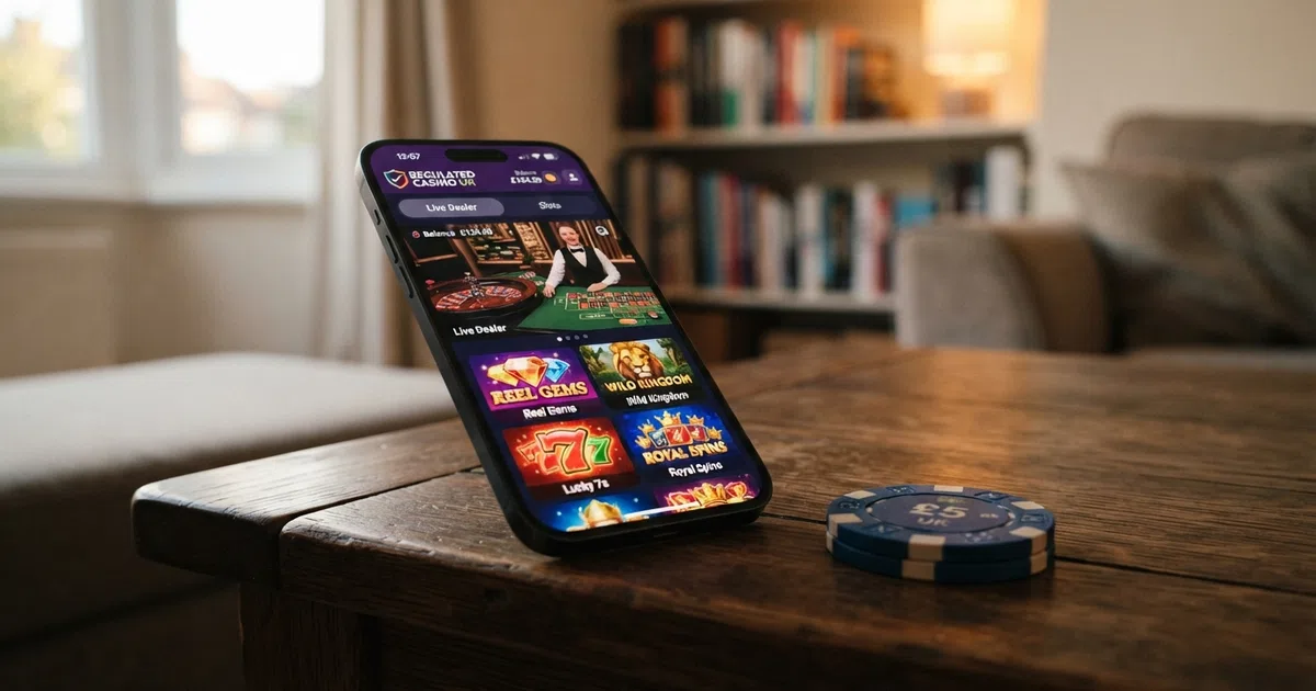A smartphone screen showing a UK-licensed casino app home screen with game thumbnails and a live-dealer preview tile visible