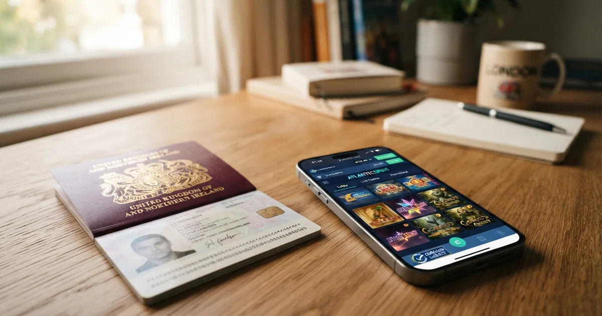 A split composition showing a UK passport beside a smartphone screen displaying an online casino lobby with a clearly visible “Curaçao licence” footer badge — the two worlds a UK player navigates