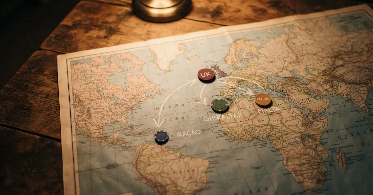 A world map with highlighted casino licensing jurisdictions — Curaçao, Malta, Gibraltar and the UK — with arrows showing how UK players access each one