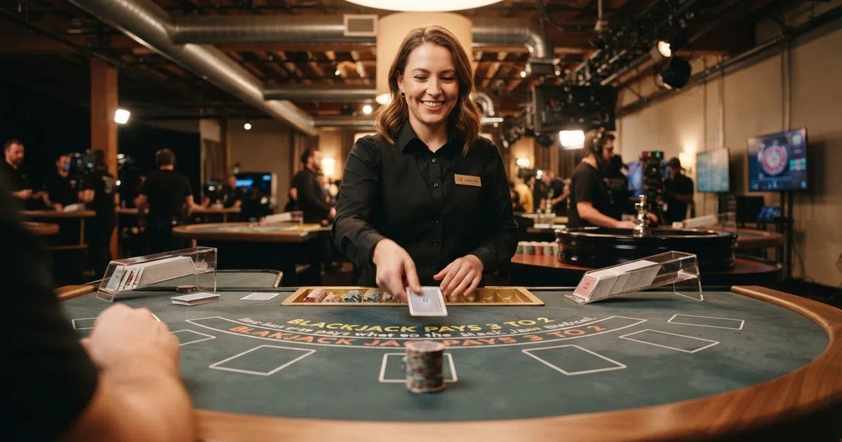 A live dealer at a casino table interacting with players through a video stream with a digital betting interface overlaid on screen