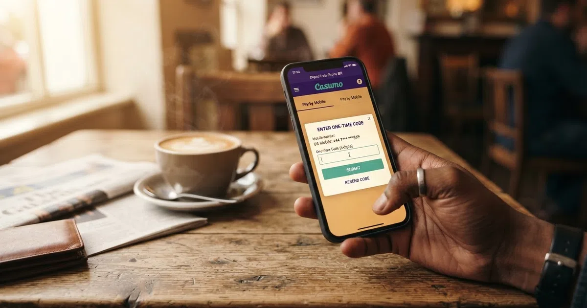 A UK player holding a smartphone displaying a casino cashier screen with “Pay by Mobile” selected as the deposit method, the phone showing a confirmation SMS overlay