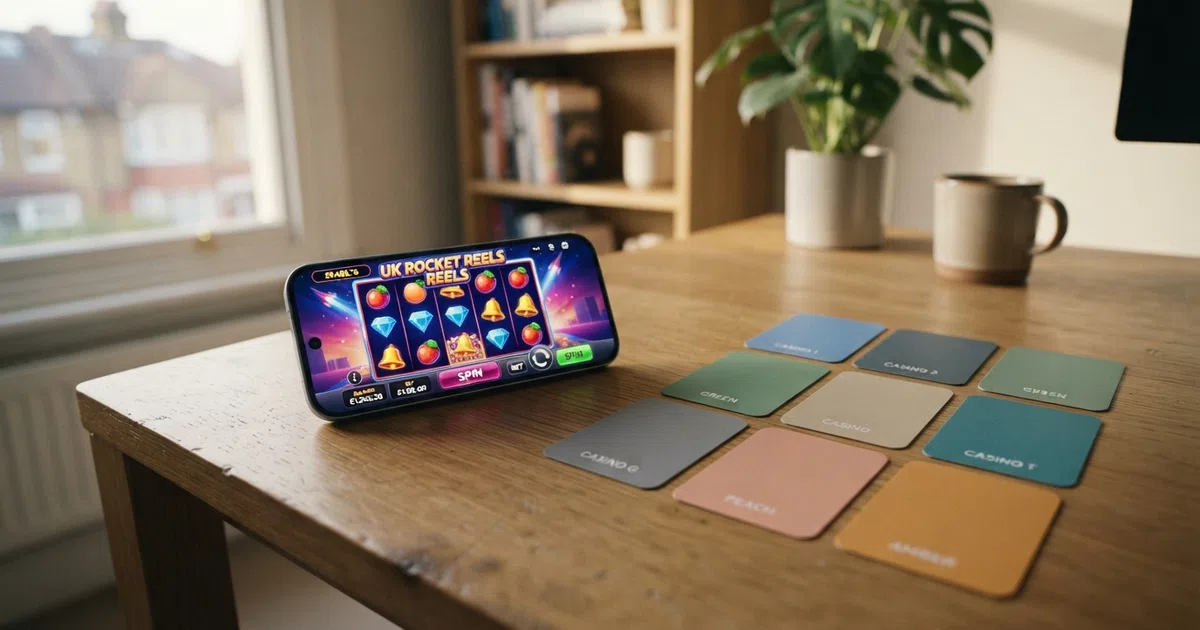 A grid showing the logos of several new UK-licensed online casinos beside a smartphone displaying a slot game and a UKGC licence badge