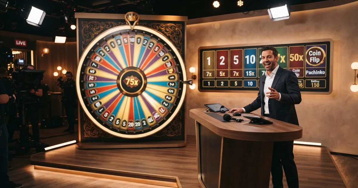 A brightly lit live casino game-show studio with a large segmented money wheel at centre frame, a live presenter standing at a podium beside it, and an illuminated digital betting board showing multiplier values