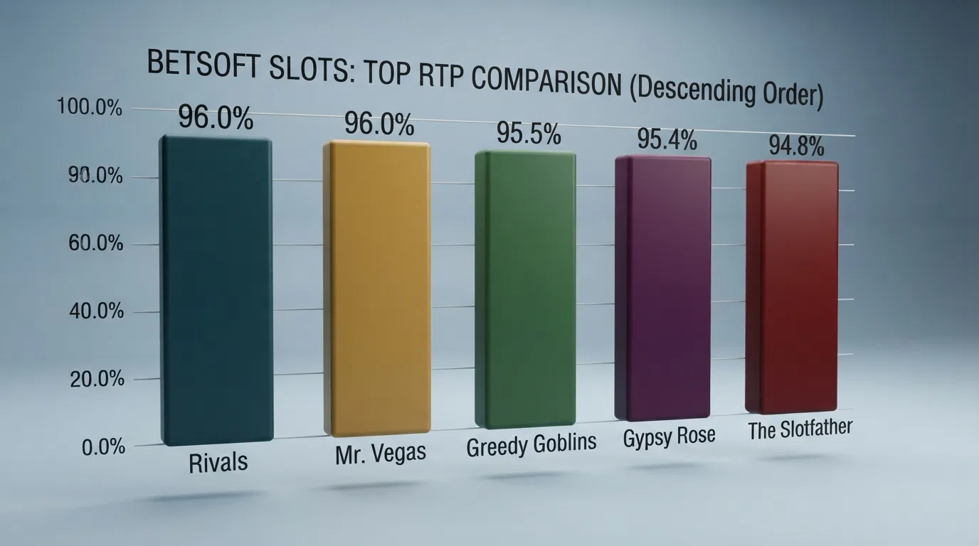 A comparison chart ranking five slot titles by RTP percentage with coloured bars