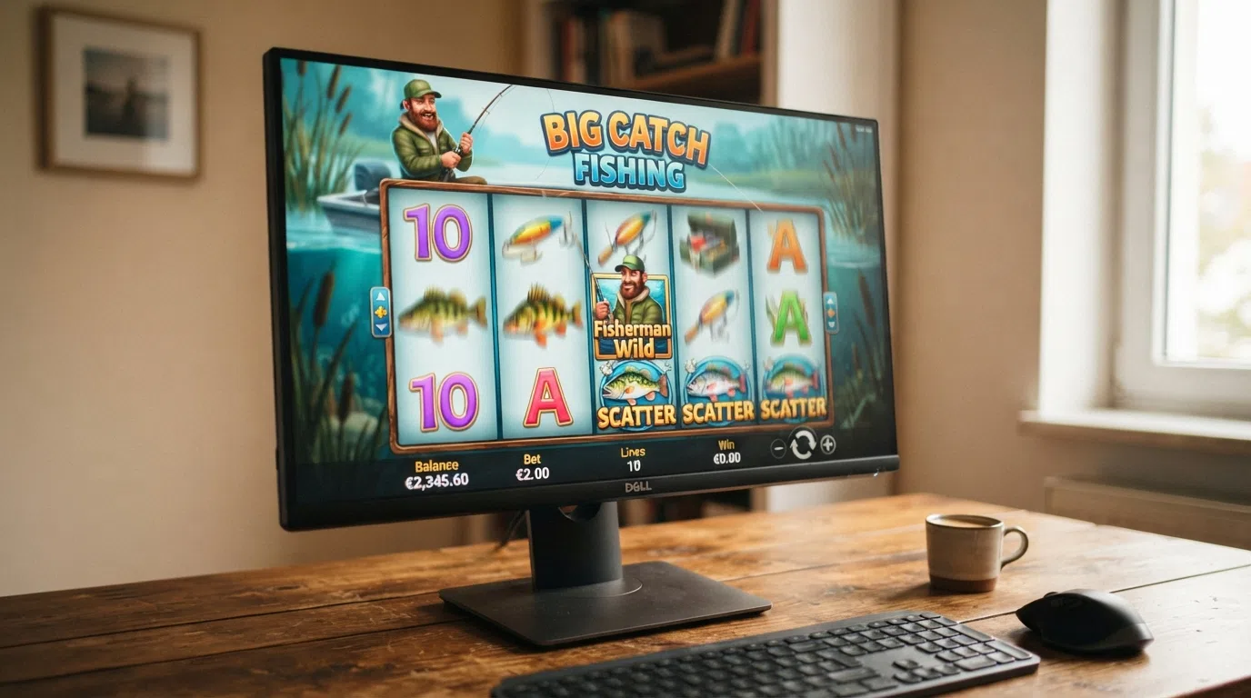 The Big Bass Splash slot reels in play on a desktop browser, with the 5×3 grid visible and the game's fisherman character and fish symbols mid-spin