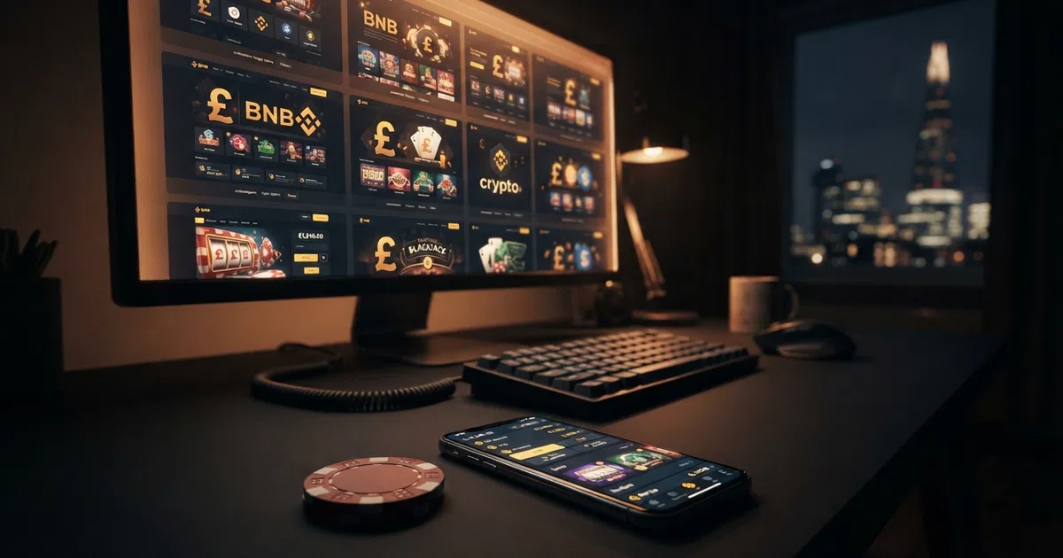 A grid of BNB casino homepage screenshots with the Binance Coin logo prominent, overlaid on a dark background suggesting the offshore crypto casino landscape