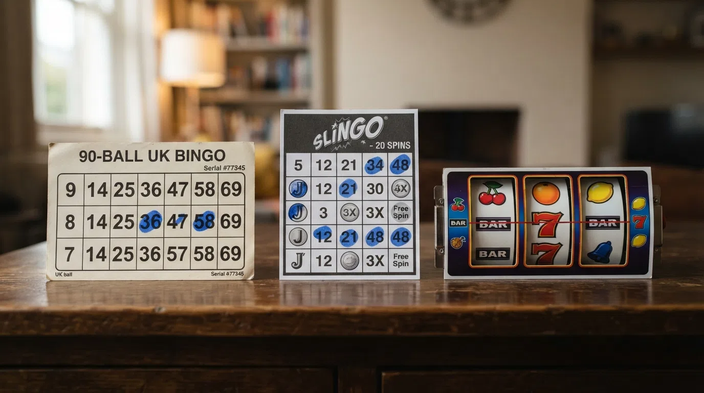 A bingo card, a Slingo grid and slot reels with return-to-player figures