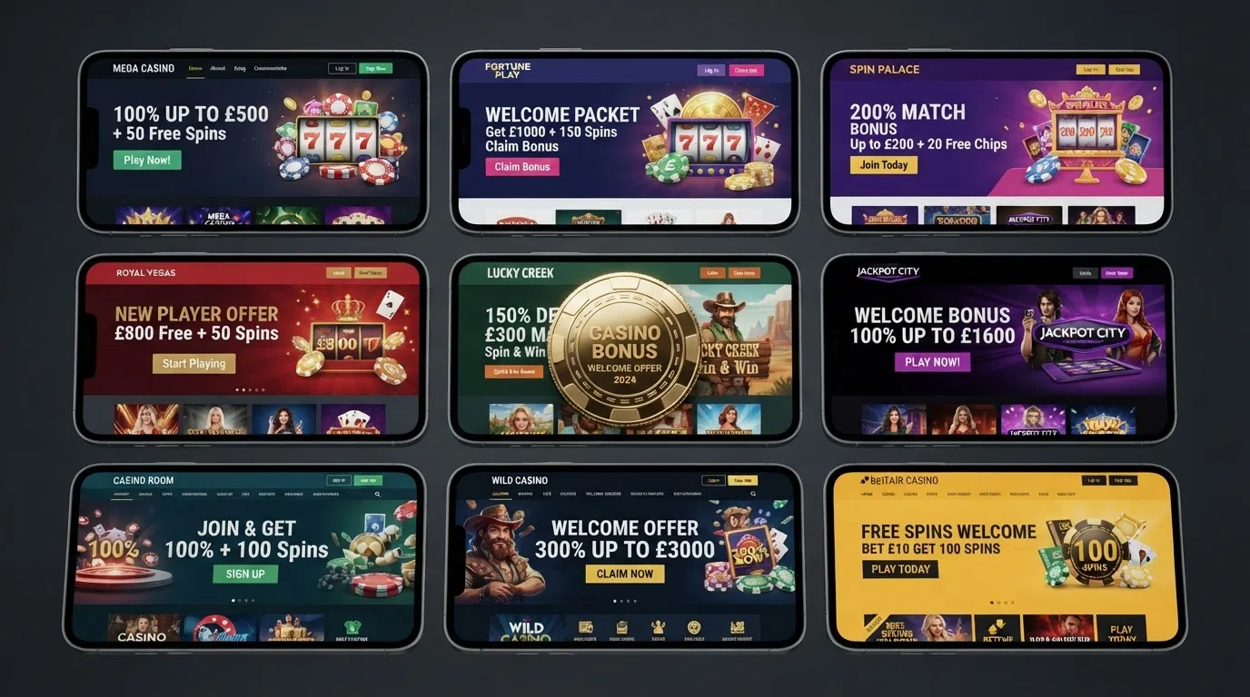 A side-by-side grid of Bitcoin casino homepage screens showing different welcome-bonus banners, with a Bitcoin symbol in the centre