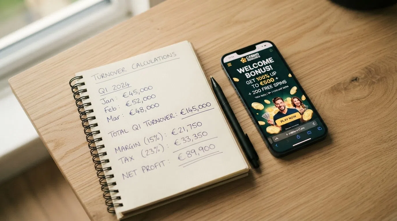 A close-up of a calculator beside a smartphone showing a casino bonus banner, with a Bitcoin symbol on the calculator screen and handwritten notes showing turnover arithmetic