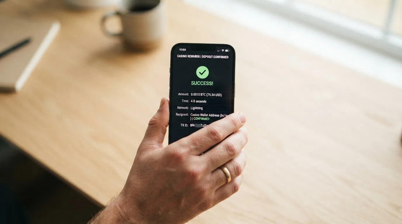 A smartphone displaying a Lightning Network transaction confirmation screen showing a completion time of under ten seconds, with a casino logo in the app header