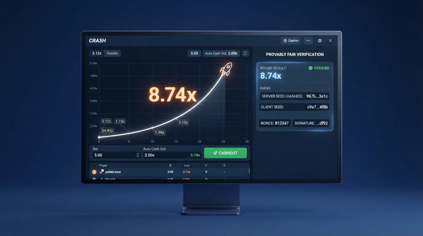 A casino game screen showing a Crash multiplier graph next to a cryptographic hash verification panel, with the player's verified result highlighted