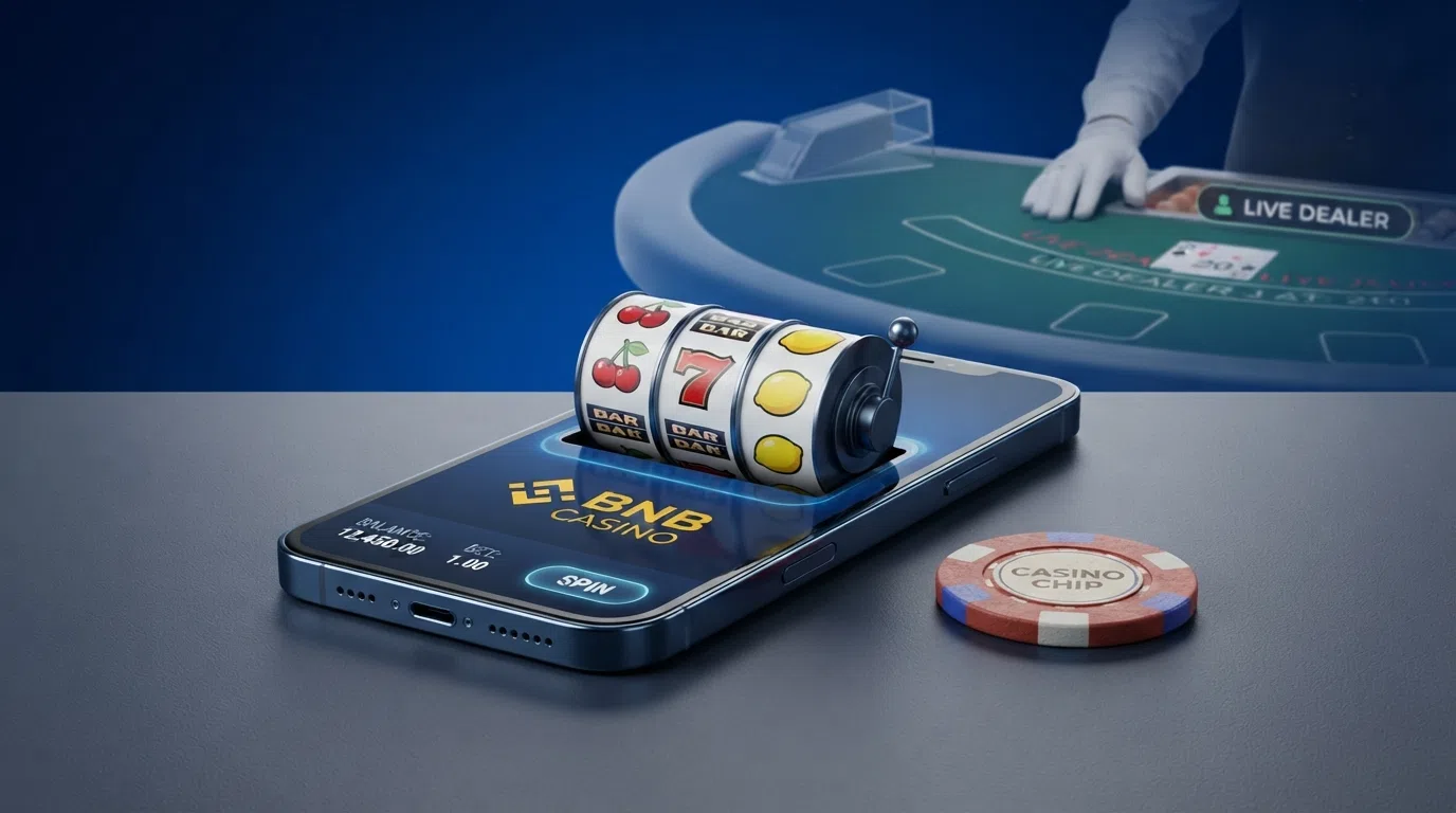 A collage of slot reels and a live-dealer blackjack table, with a BNB token symbol in the corner to indicate the deposit method