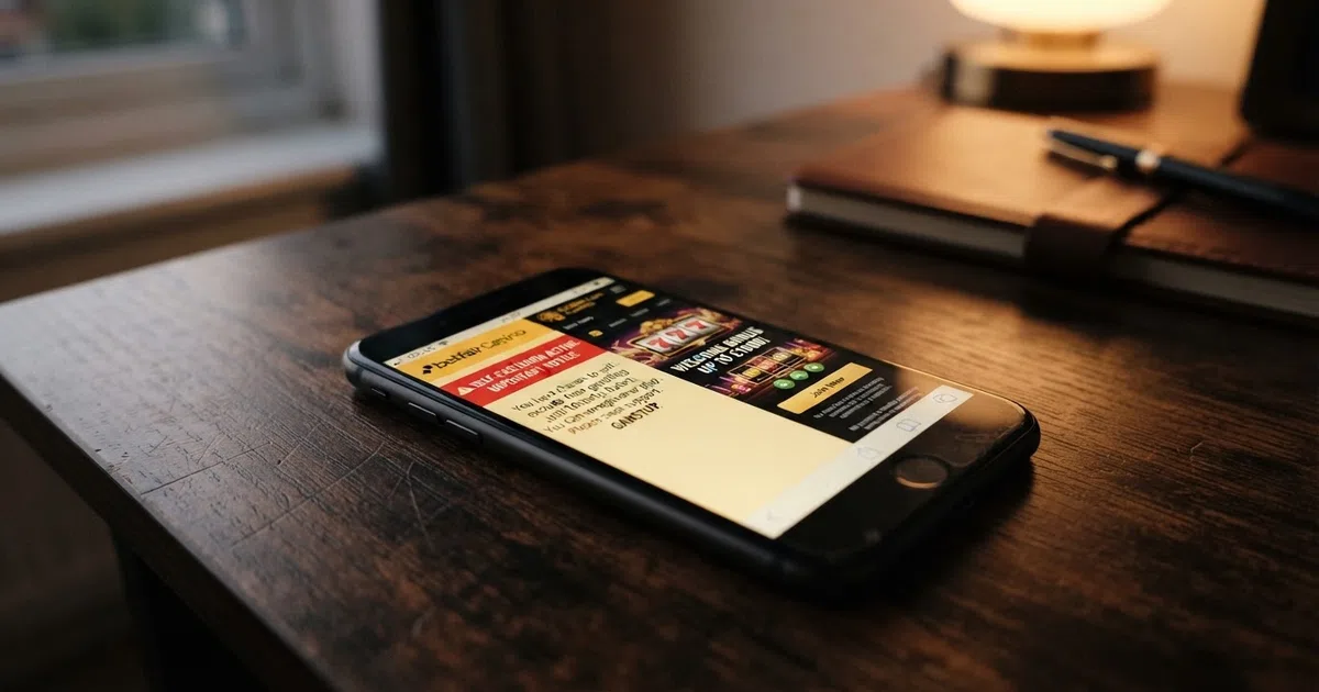A UK smartphone showing two casino sign-up screens side by side, one marked with a self-exclusion notice