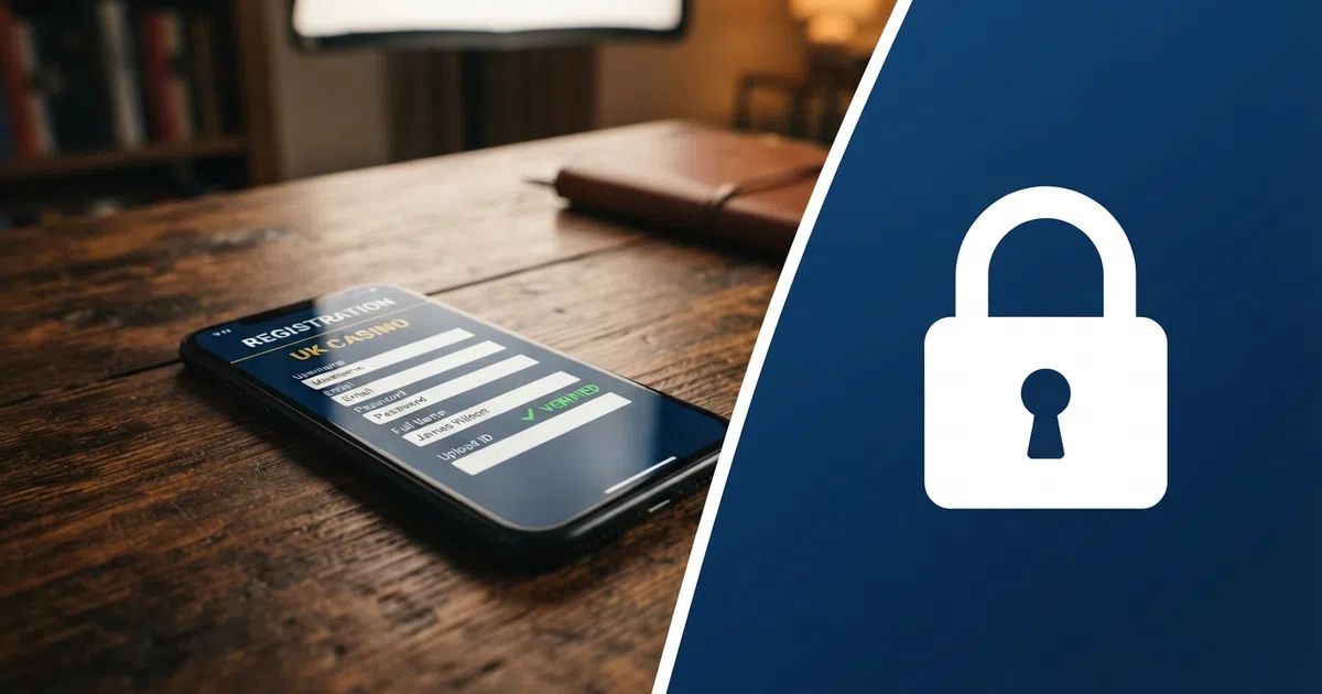 A split-frame illustration: on one side a smartphone showing a casino registration screen with a green “verified” checkmark and no document-upload prompt, on the other a padlock icon beside the UK Gambling Commission logo
