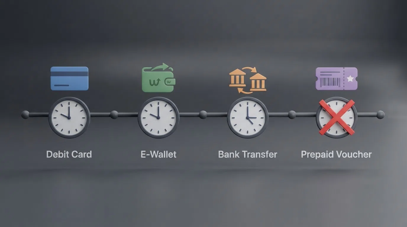 A horizontal timeline showing deposit-to-withdrawal speed for four method types — debit card, e-wallet, bank transfer and Paysafecard — with a clock icon at each stage