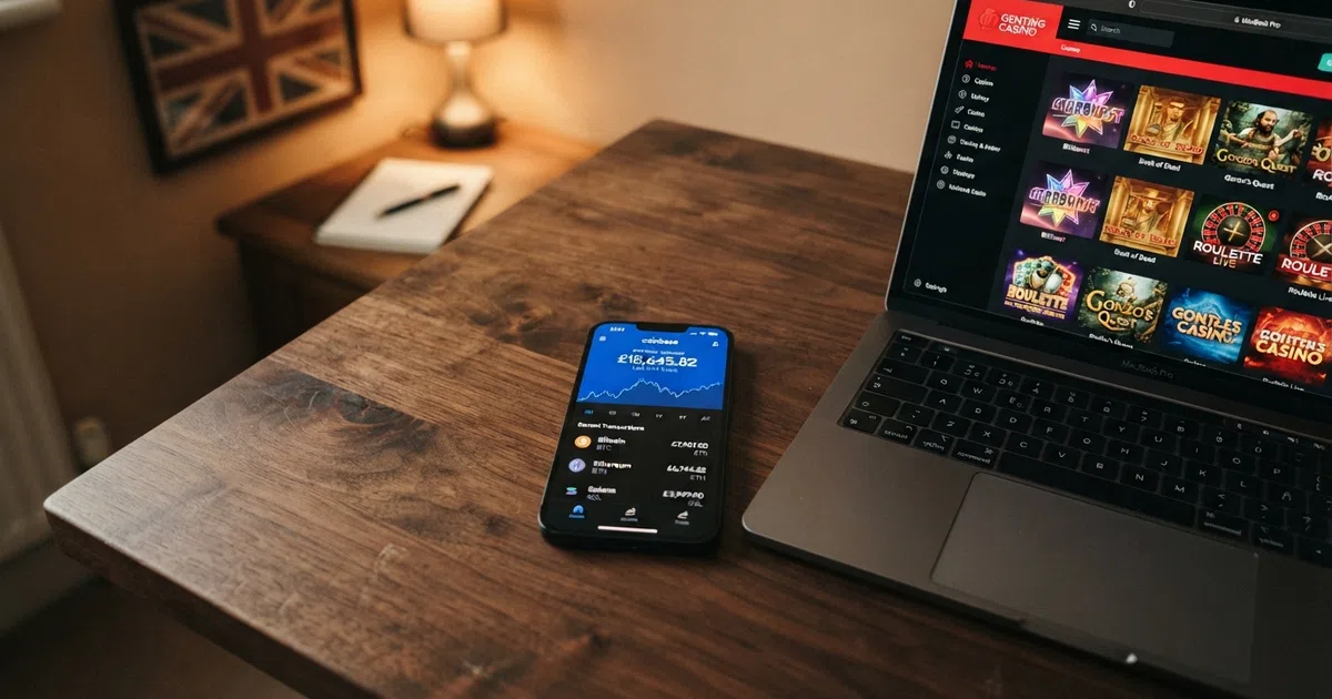A smartphone displaying a Bitcoin wallet balance next to a casino game lobby screen, with the UK flag visible in the background