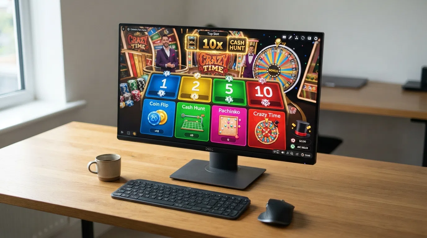 A close-up of the Crazy Time betting interface on a desktop screen, showing the numbered bet spots, the four bonus-round bet zones and the Top Slot multiplier display positioned above the wheel