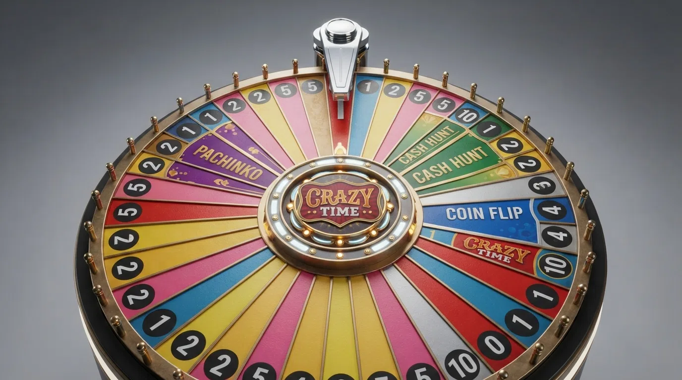 A close-up of the Crazy Time bonus wheel with its 64 colour-coded segments, the mechanical flapper at the top, and four segments marked for the Coin Flip, Cash Hunt, Pachinko and Crazy Time bonus rounds