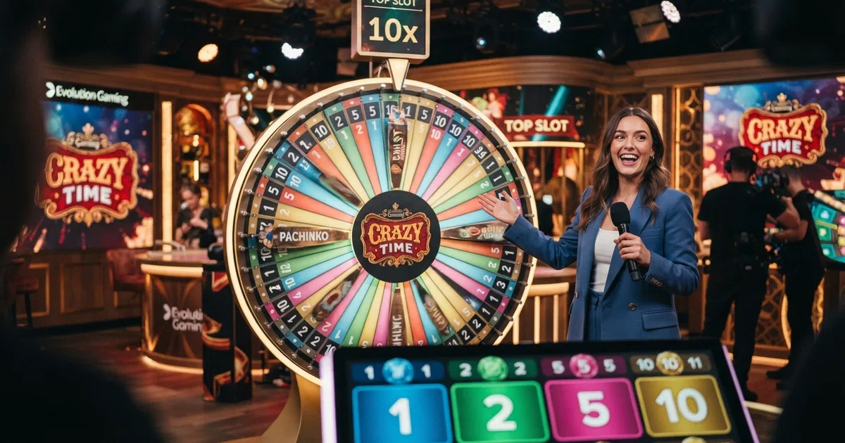 A live dealer stands beside the illuminated Crazy Time money wheel in an Evolution Gaming studio, with the four bonus-round segments visible on the wheel and a digital bet board displaying multipliers in the foreground