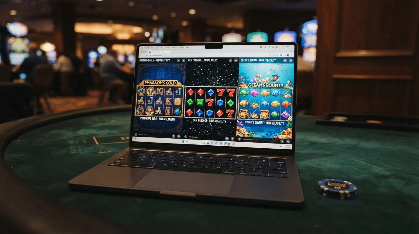 Three online slot reels — Book of Dead, Starburst and Big Bass Bonanza — side by side on a casino screen