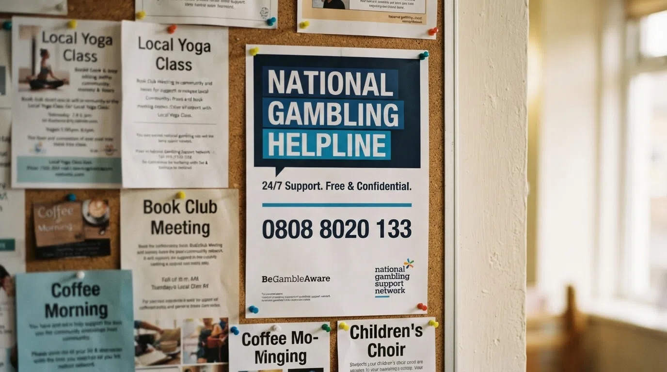 A GamCare National Gambling Helpline poster displayed on a community noticeboard, with the 24/7 helpline number and the NHS logo visible beside it