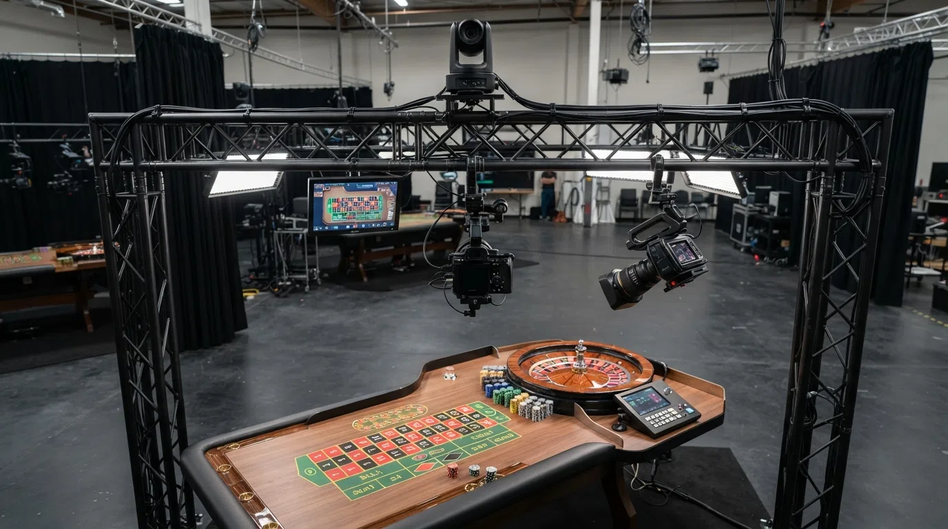 A multi-camera live casino studio setup showing a roulette table with overhead and close-up camera positions