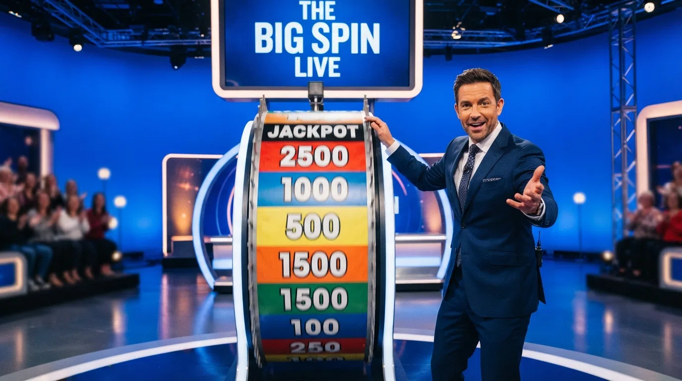 A colourful money-wheel game-show set with a live host spinning a large vertical wheel under studio lighting
