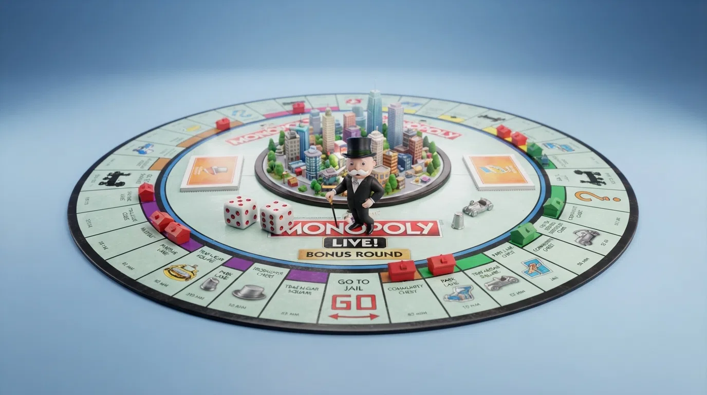 The Monopoly Live 3D bonus board rendered in digital graphics, with Mr. Monopoly standing on a property square, dice beside him, and Chance and Community Chest cards visible on the board