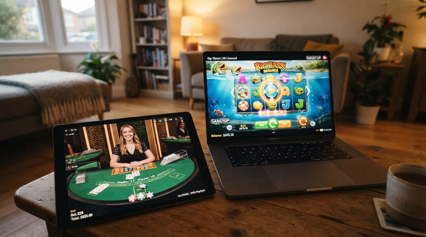 A collage of slot-reel screens from Pragmatic Play NetEnt and Evolution titles with a live-dealer table in the foreground