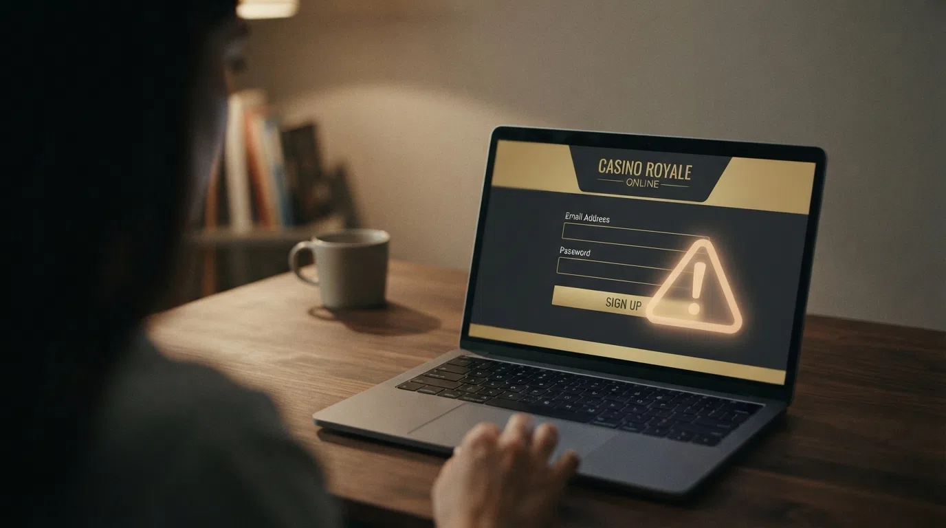 A registration form on a casino site with only an email and password field visible, the identity-verification section conspicuously absent, overlaid with a warning-icon graphic