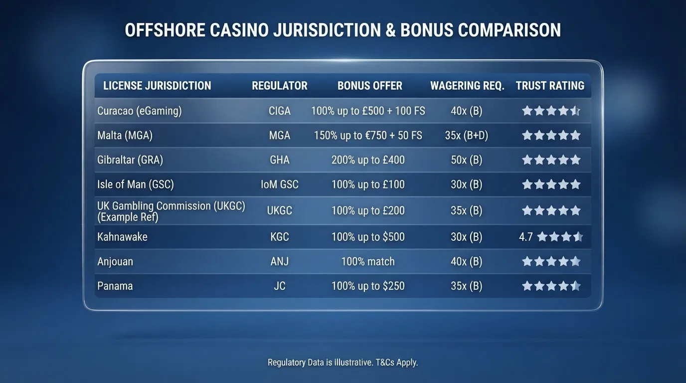 A comparison table listing ten offshore casino names beside licence jurisdictions and bonus figures