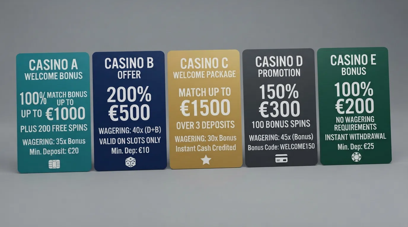 A side-by-side visual of welcome bonus offer cards from several international casinos, showing different match percentages and wagering figures