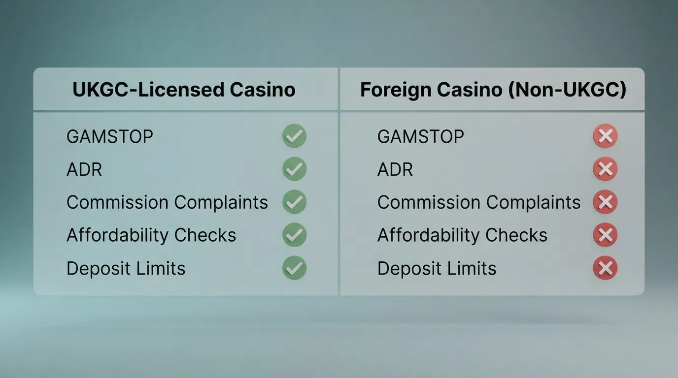 A side-by-side diagram: the left panel labelled “UKGC-Licensed Casino” lists GAMSTOP, ADR, Commission Complaints, affordability checks and deposit limits with green checkmarks; the right panel labelled “Foreign Casino (Non-UKGC)” shows the same list with red crosses
