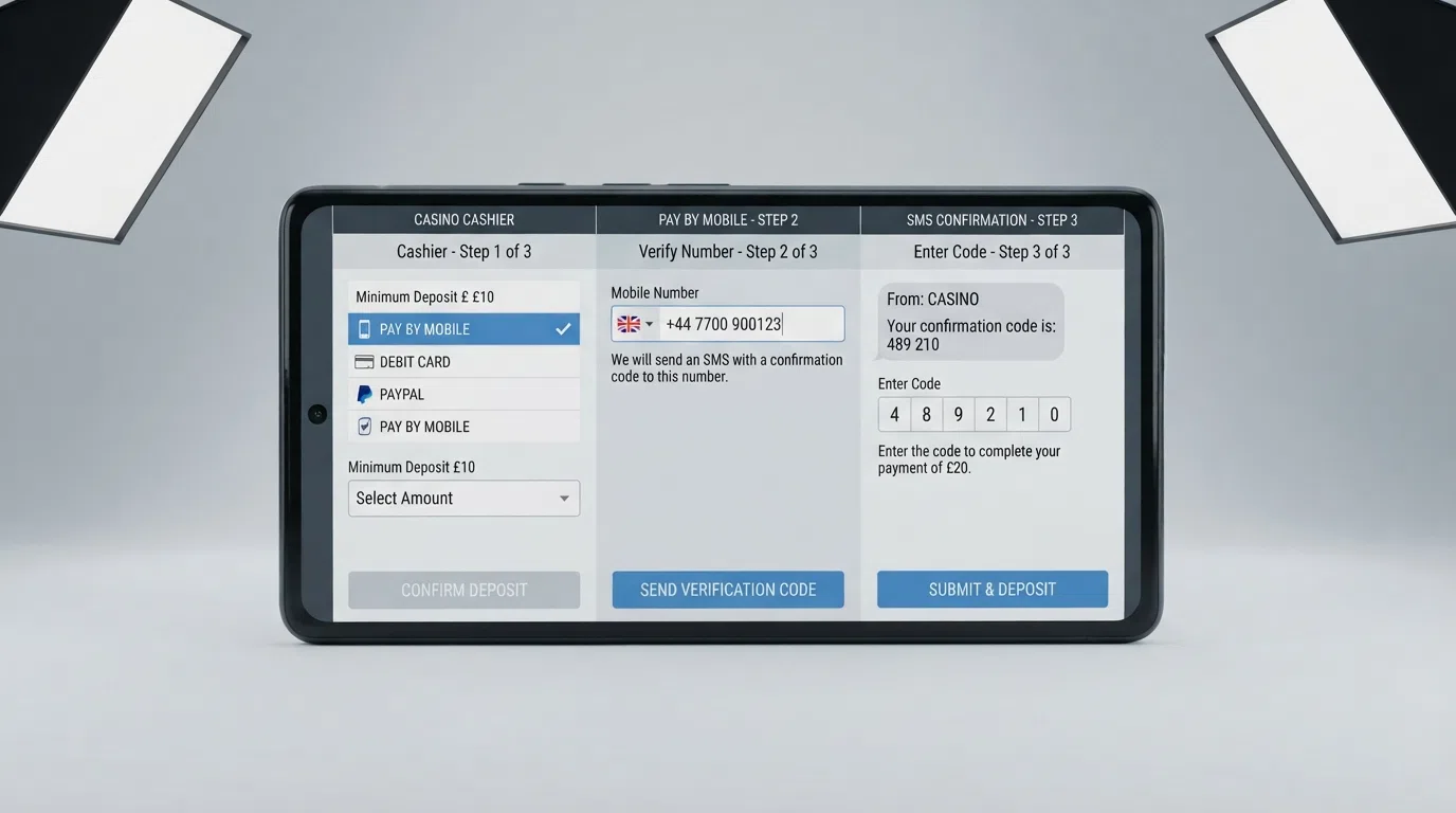 A close-up of a smartphone screen showing the three-step deposit flow: selecting the pay-by-mobile option, entering a mobile number, and the SMS confirmation message with a one-time code