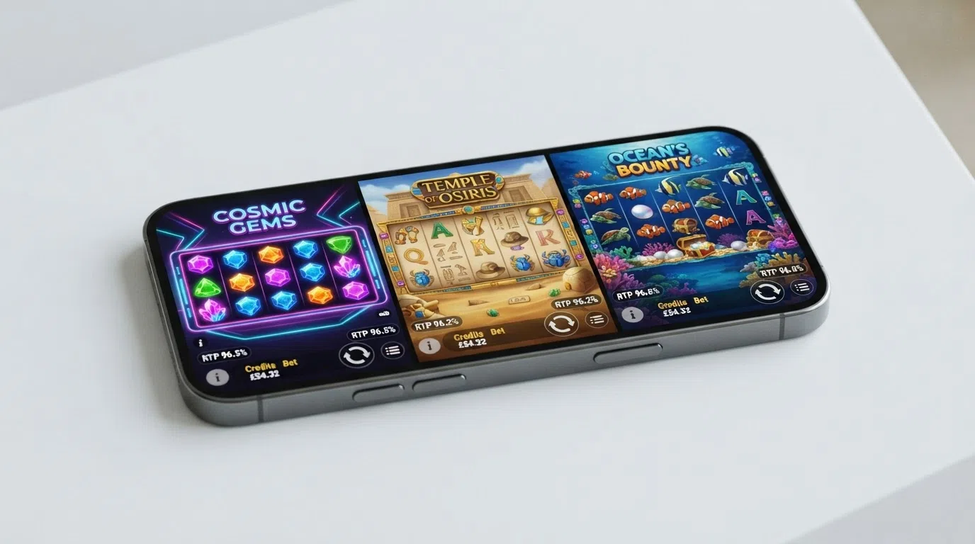 Starburst, Book of Dead and Big Bass Splash slot game reels shown side by side on a smartphone screen, with the RTP percentage visible in each game's info panel.