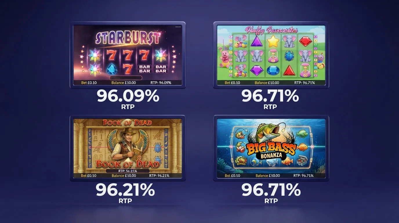 Four slot game title cards arranged in a grid: Starburst, Book of Dead, Big Bass Bonanza and Big Bass Splash, with RTP percentages displayed beneath each title